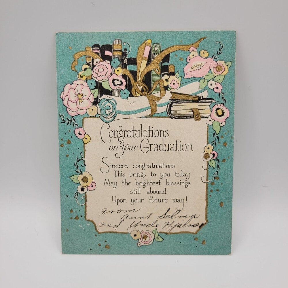 Vintage Graduation‎ Card Floral Gold Inspirational Congratulations USA Scrapbook
